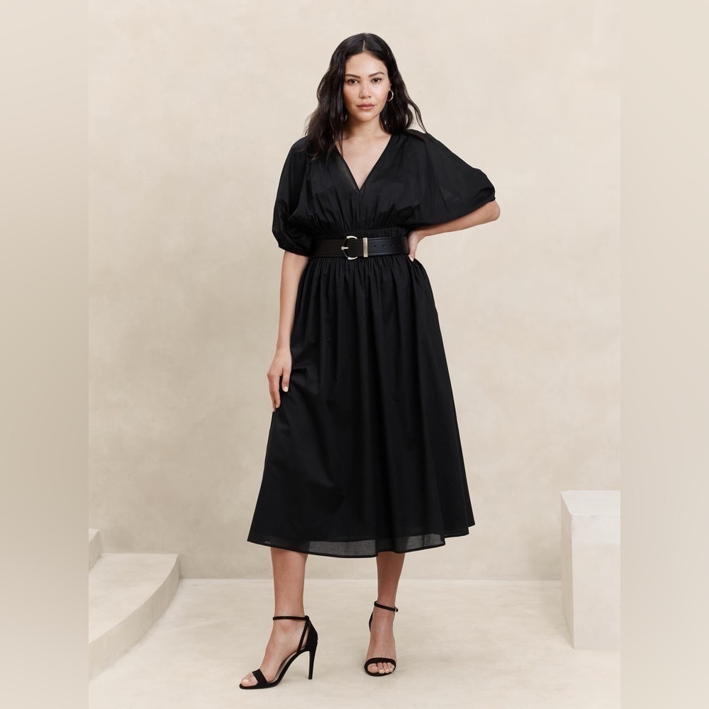 NWT! Banana Republic Black Voile Elbow-Sleeve Midi Dress - 451508 🕯️